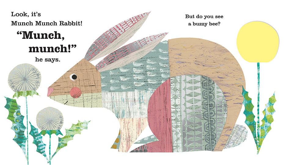 A whimsical children's book-style illustration on a white background featuring a patchwork rabbit made of wood and fabric textures, with text reading 'Look, it's Munch Munch Rabbit! "Munch, munch!" he says.' and 'But do you see a buzzing bee?' Green leaves and a yellow circle appear around it.
