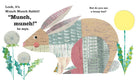 A whimsical children's book-style illustration on a white background featuring a patchwork rabbit made of wood and fabric textures, with text reading 'Look, it's Munch Munch Rabbit! "Munch, munch!" he says.' and 'But do you see a buzzing bee?' Green leaves and a yellow circle appear around it.