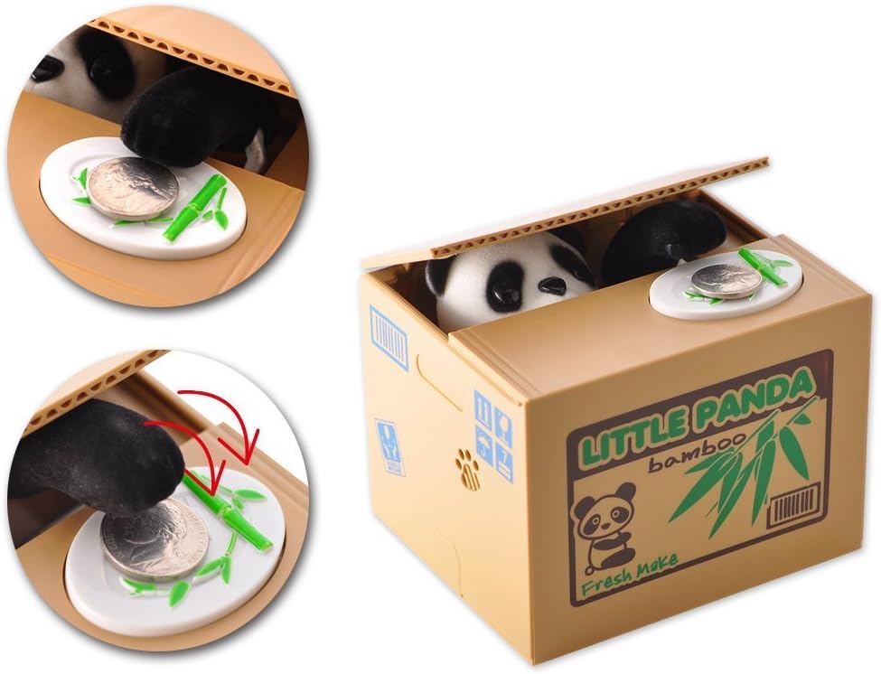 Toy panda inside a cardboard box labeled 'Little Panda Bamboo' with bamboo sticks and leaves.
