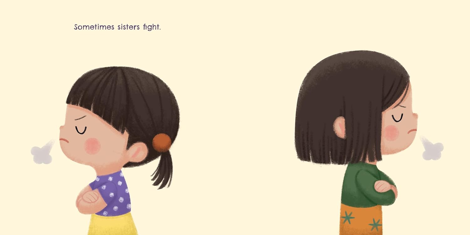 Illustration from the board book Sisters are Sisters Forever featuring two young sisters turning away from each other with crossed arms and puffs of smoke near their heads, accompanied by the text, "Sometimes sisters fight."