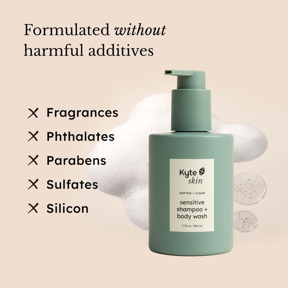 Green shampoo and body wash bottle with text about harmful additives on a beige background