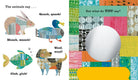 Children's book page with animal illustrations and a colorful patterned background.