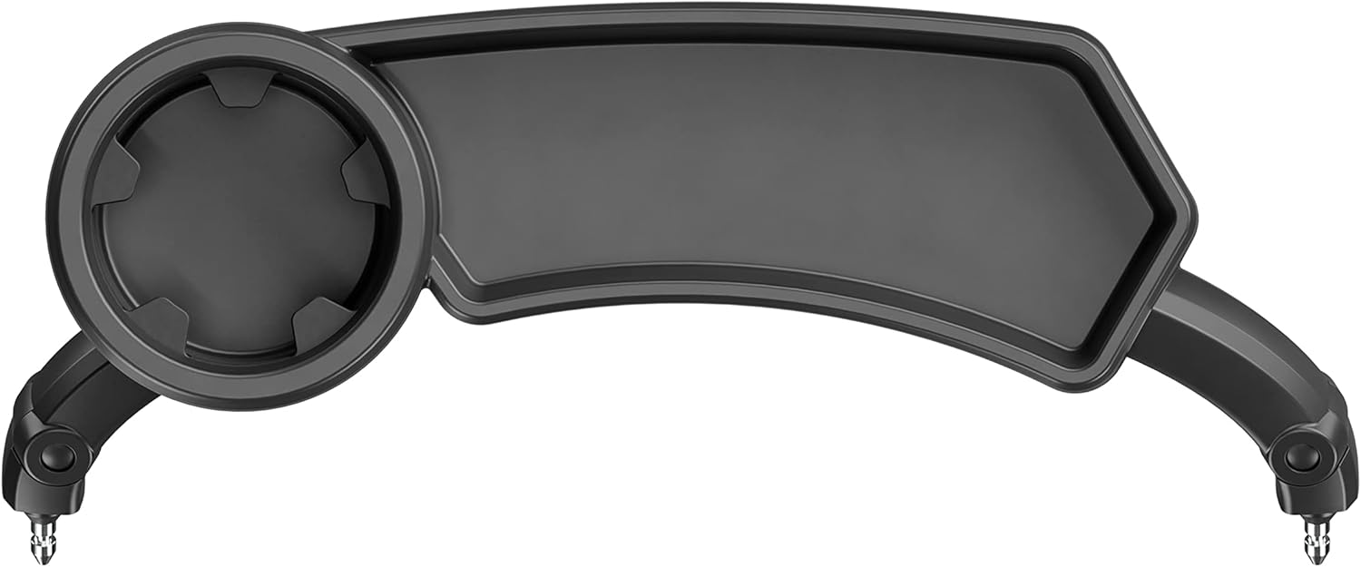 Black motorcycle seat with a central cutout and armrests on a white background