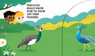 Illustration of two children watching peacocks in a garden setting