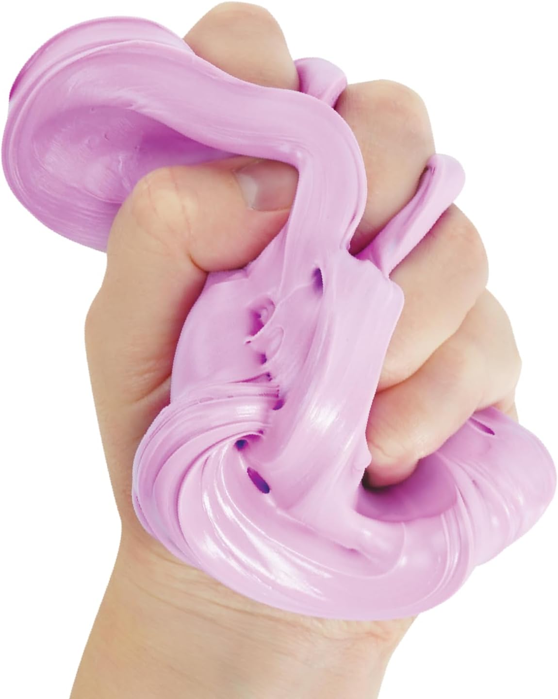 Hand holding a purple stress ball with a white background