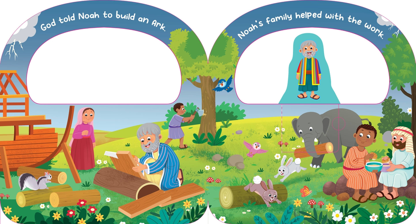 Children's book page with illustrations of Noah, his family, and animals building an Ark.