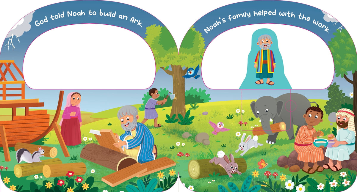 Children's book page with illustrations of Noah, his family, and animals building an Ark.