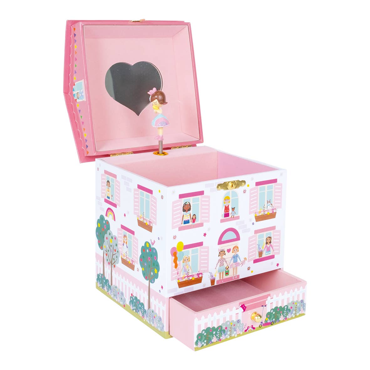 Toy box with a pink lid and illustrated side panels on a white background