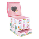 Toy box with a pink lid and illustrated side panels on a white background