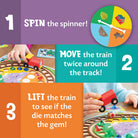 Children's game instructions with a spinner, train, and die on a colorful background