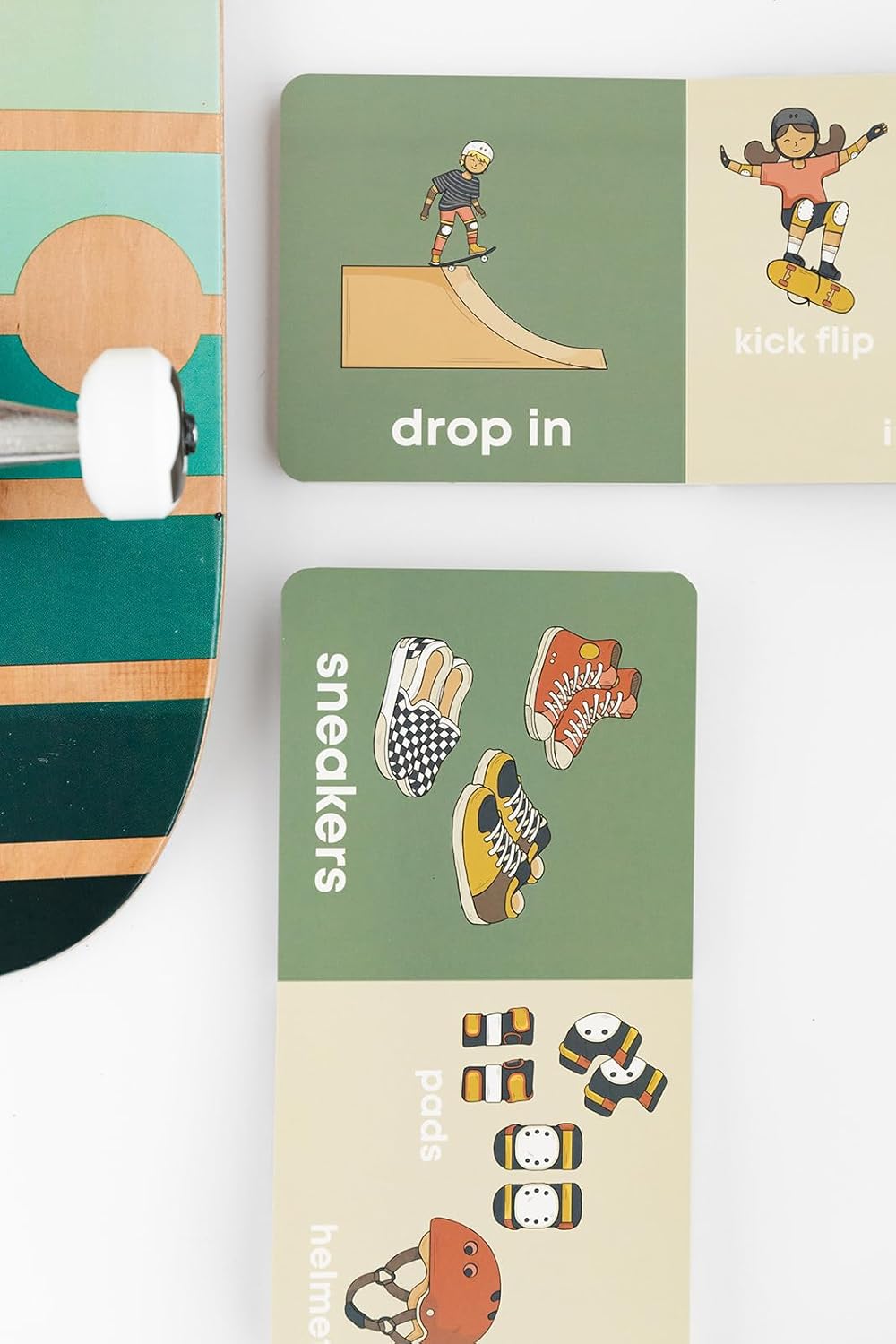Set of cards with illustrations of a skateboard, sneakers, and text on a white background