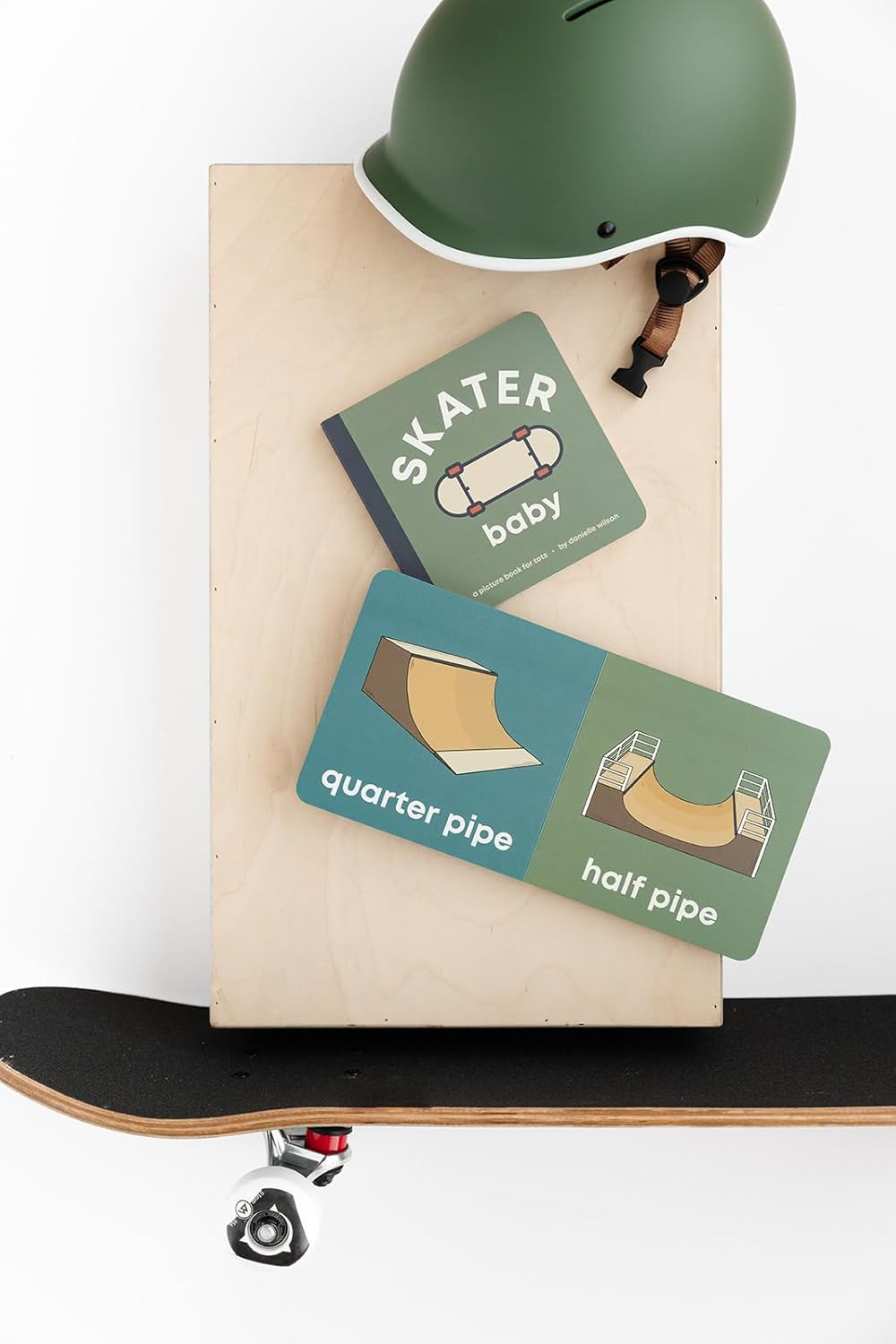Skateboarding-themed cards on a skateboard with a helmet above