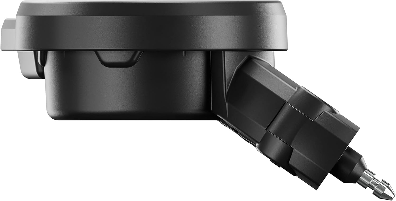 Black electronic device with a flexible arm on a white background