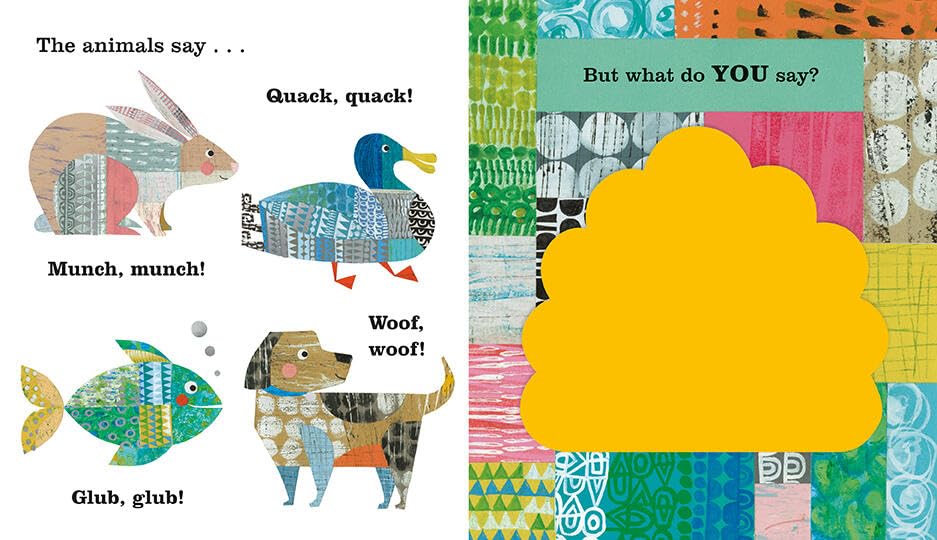 Children's book page with animal illustrations and a colorful patterned background.