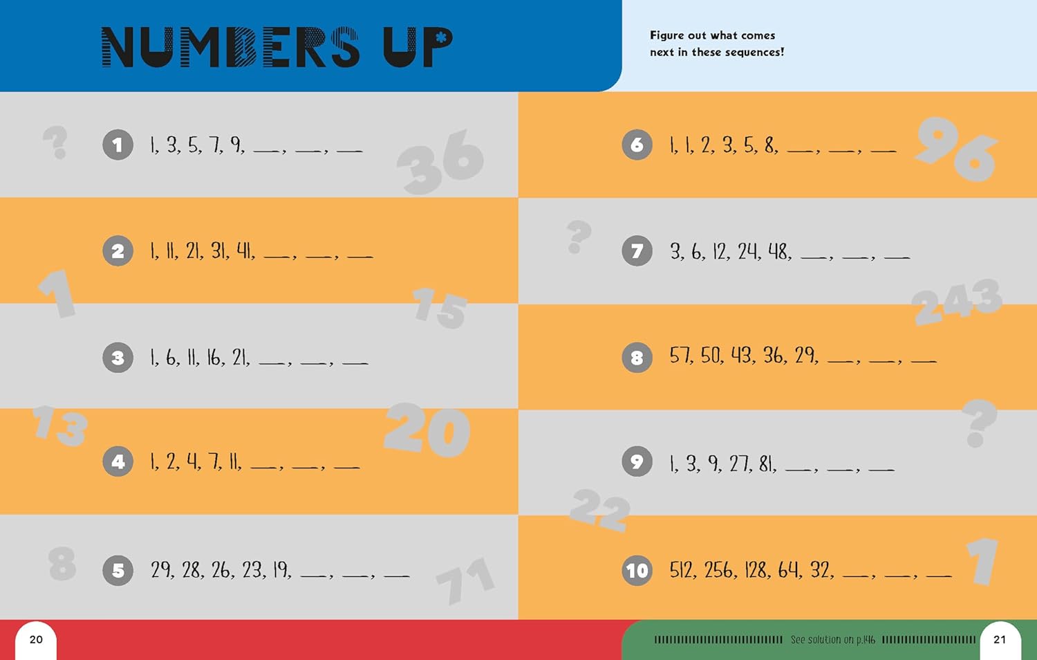 Mathematical sequence puzzle with numbers on a colorful background