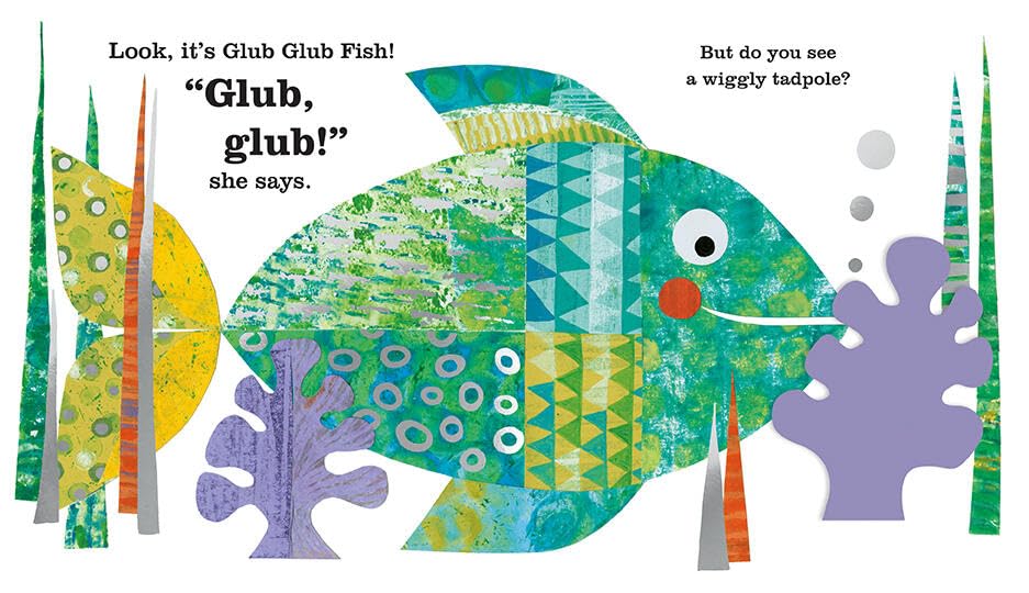 A colorful children's book or art print featuring a stylized fish made of patchwork patterns in teal, green, yellow, and blue, with purple seaweed and text reading, 'Look, it's Glub Glub Fish! "Glub, glub!" she says. But do you see a wiggly tadpole?' on a white background.
