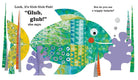 A colorful children's book or art print featuring a stylized fish made of patchwork patterns in teal, green, yellow, and blue, with purple seaweed and text reading, 'Look, it's Glub Glub Fish! "Glub, glub!" she says. But do you see a wiggly tadpole?' on a white background.