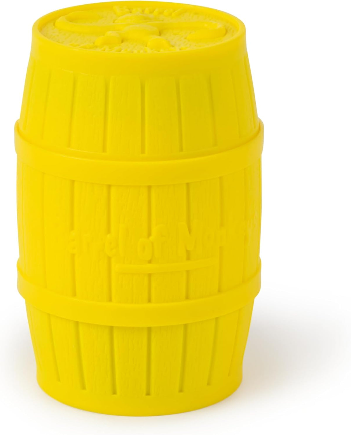 A closed yellow plastic storage barrel from the Barrel of Monkeys Game by Continuum Games standing upright against a white background.