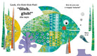 A colorful children's book or art print featuring a stylized fish made of patchwork patterns in teal, green, yellow, blue, and purple, with playful text and underwater shapes on a white background.