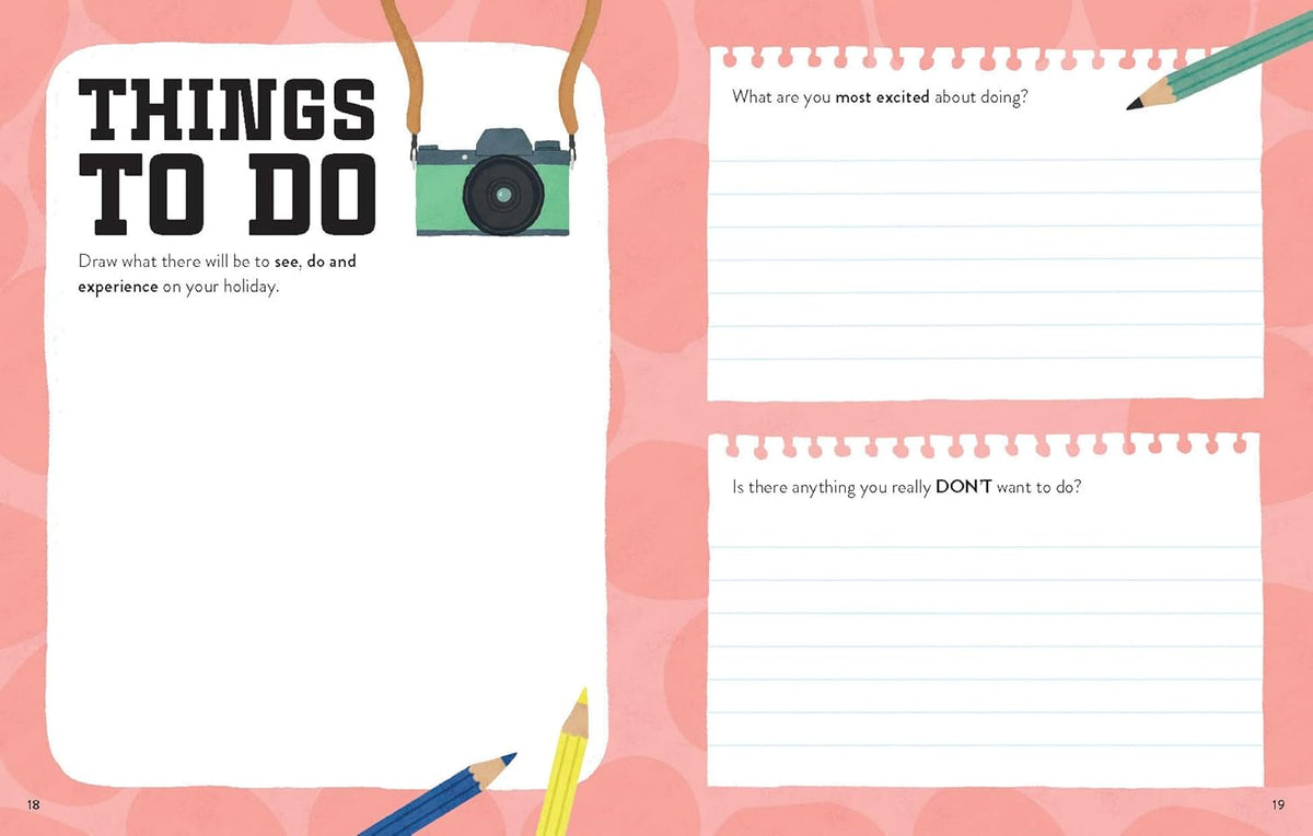 Page from a travel journal with prompts for holiday planning on a pink background.