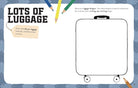 Sheet for designing luggage with a suitcase outline, colored pencils, and text instructions.