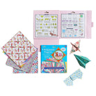 Origami paper set with instructions and sample folds on a white background