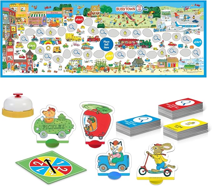 Busy Town educational toy set with cards, game board, and character figures on a white background.