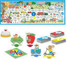 Busy Town educational toy set with cards, game board, and character figures on a white background.