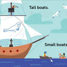 Cartoon illustration of a large ship and smaller boats with text 'Tall boats.' and 'Small boats'.