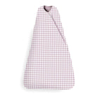 A gunamuna swaddle sleep sack featuring a charming pink-and-white gingham pattern and a diagonal zipper.