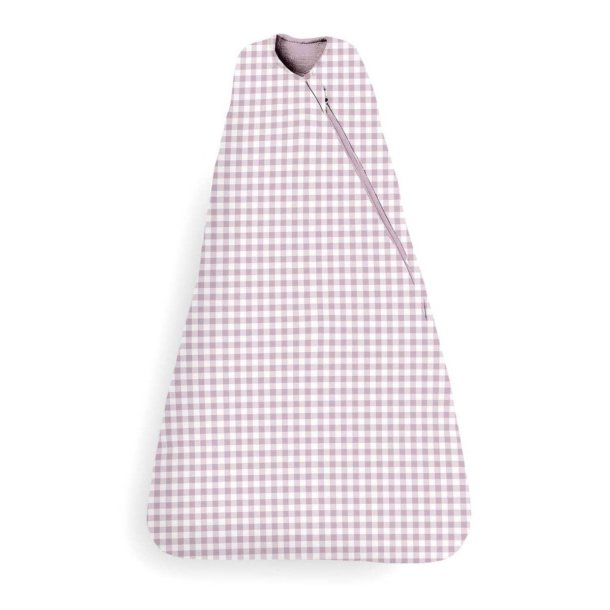 A gunamuna swaddle sleep sack featuring a charming pink-and-white gingham pattern and a diagonal zipper.