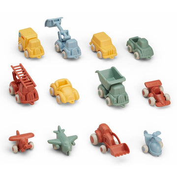 Set of colorful toy vehicles on a white background
