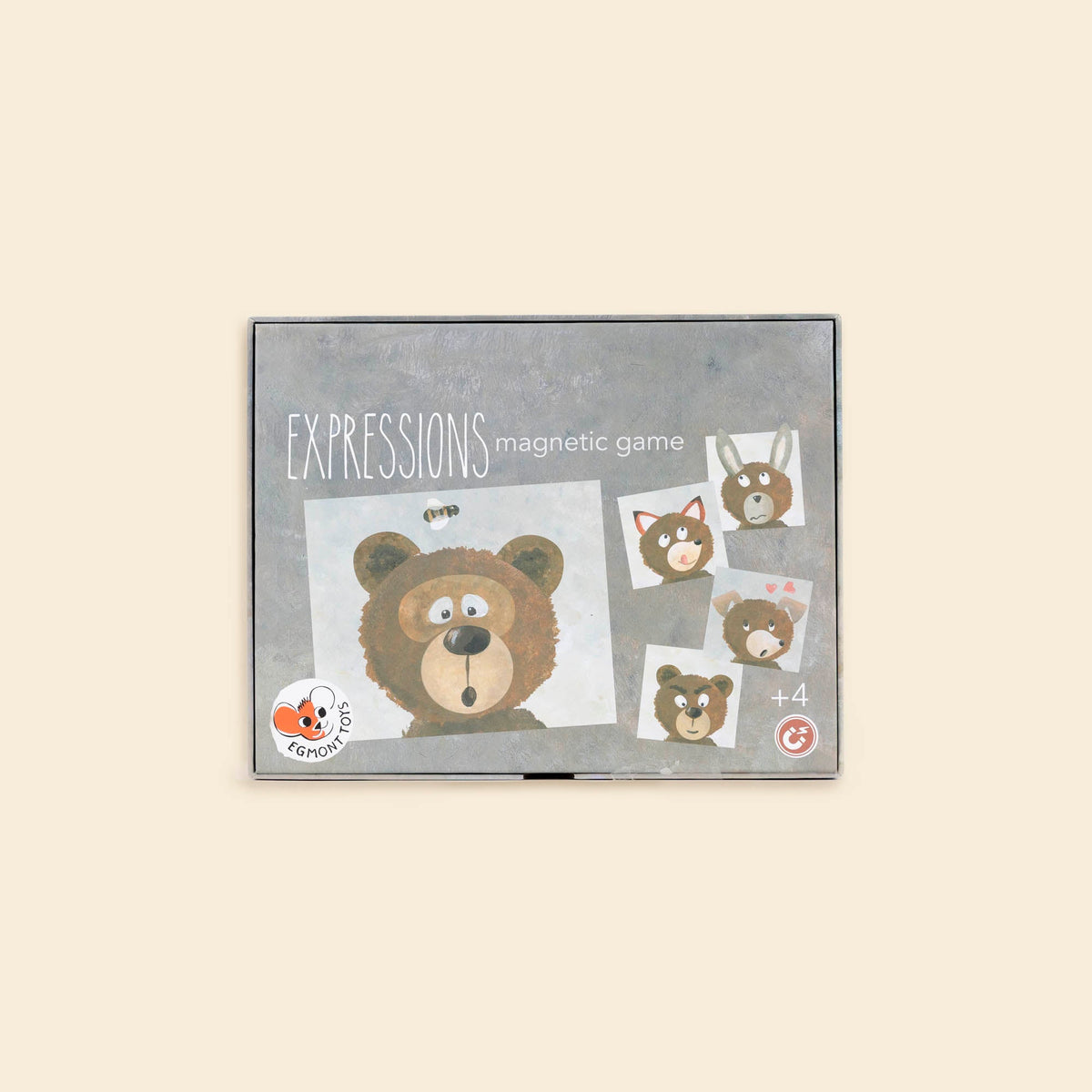 Box of 'Expressions' magnetic game with bear illustrations on a beige background