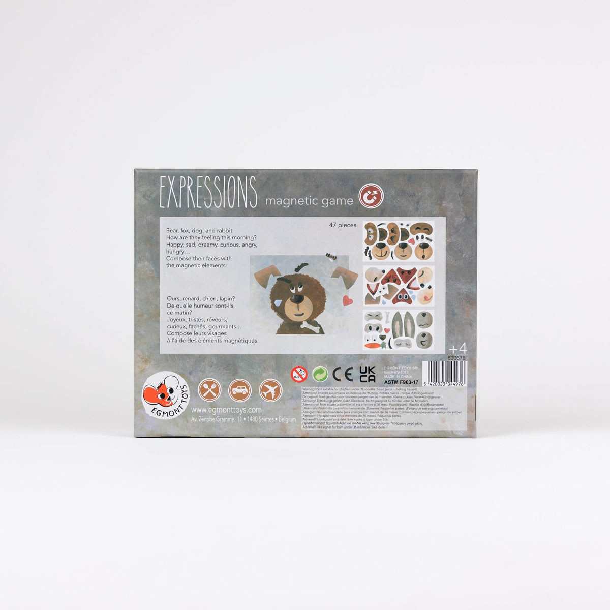 Box of 'Expressions' magnetic game with cartoon bear and animal illustrations on a white background