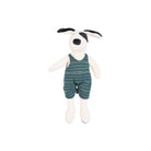 Stuffed toy dog wearing a striped outfit on a white background
