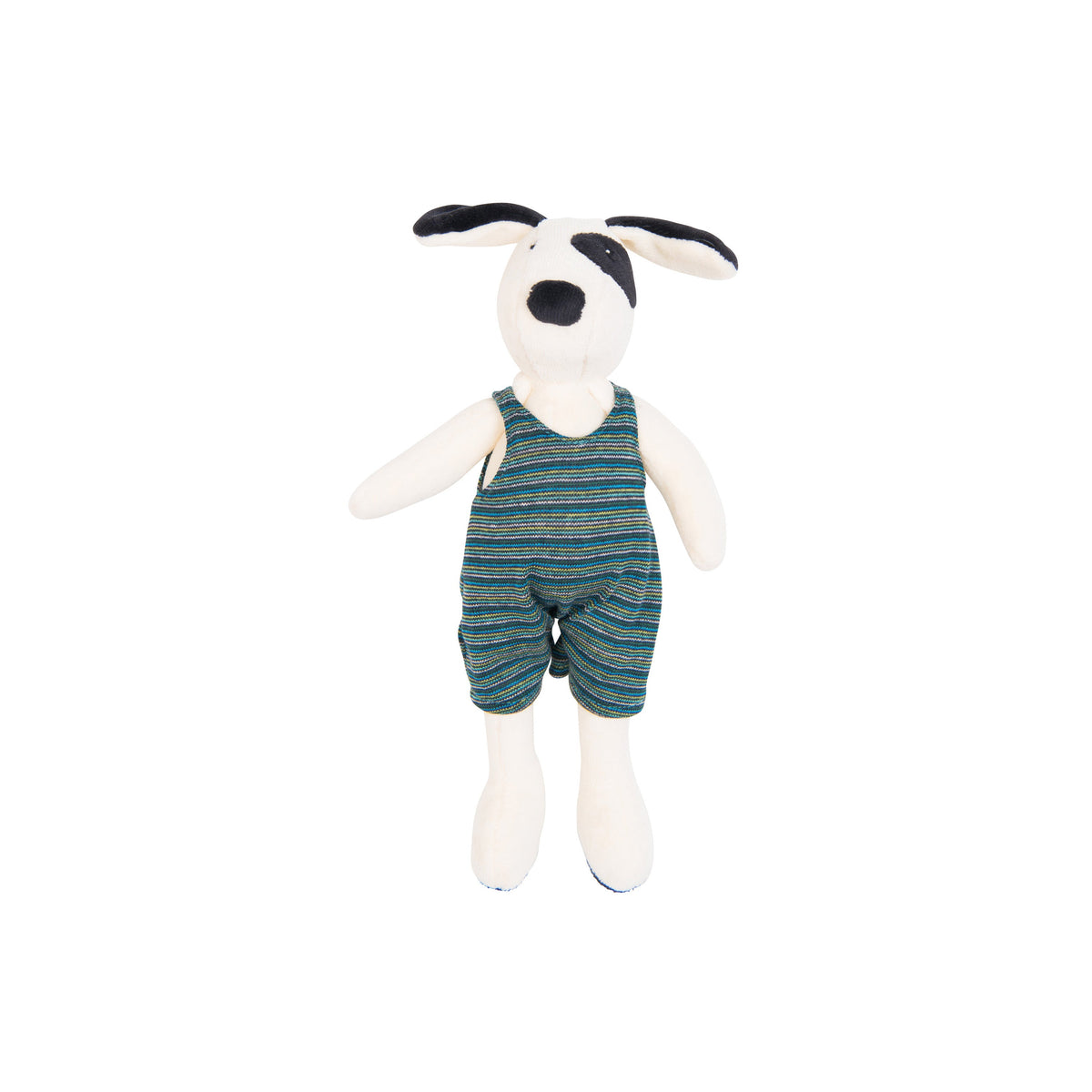 Stuffed toy dog wearing a striped outfit on a white background