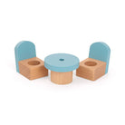 Set of wooden chairs and a table with blue seats and beige bases on a white background