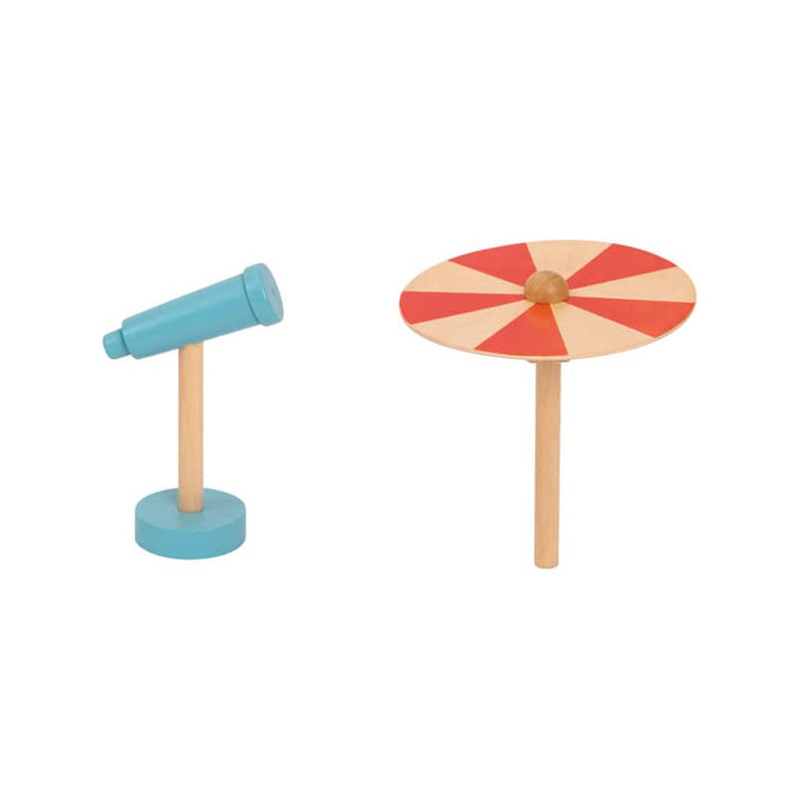 Toy telescope and toy umbrella on a white background