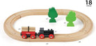 Wooden train set with tracks, train, and trees on a white background
