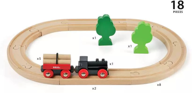 Wooden train set with tracks, train, and trees on a white background