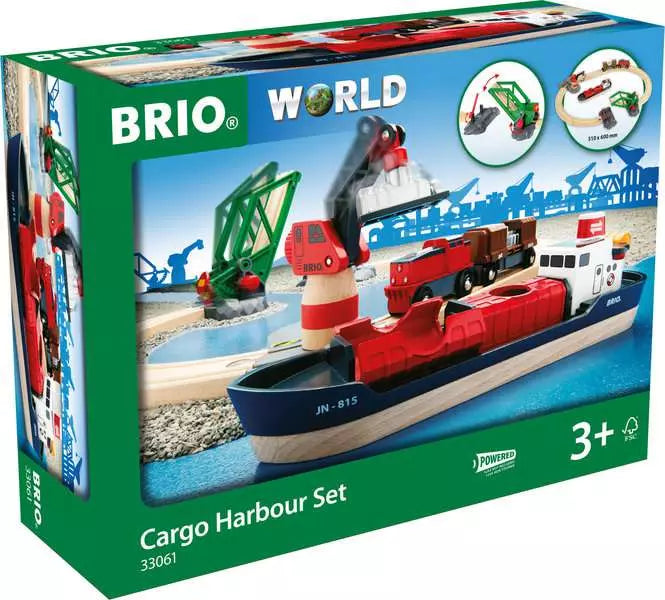 BRIO World Cargo Harbour Set packaging with toy ship and crane