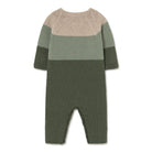 A knitted baby romper with horizontal color-blocked stripes in beige, sage green, and olive green, shown flat against a white background.