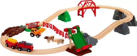 Wooden toy train set with tracks, cars, and animals on a white background
