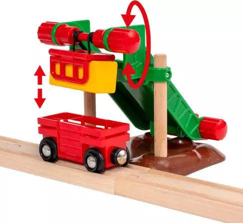 Toy train track set with a red wagon and green and yellow mechanical component on a white background