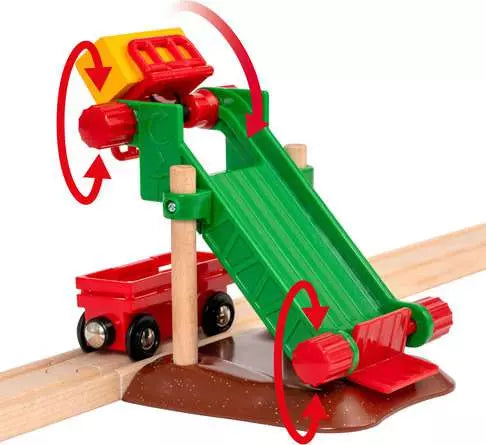 Toy train track with a green and red adjustable crossing gate on a white background
