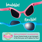 Pink and blue bendable sunglasses with a replacement guarantee on a teal background