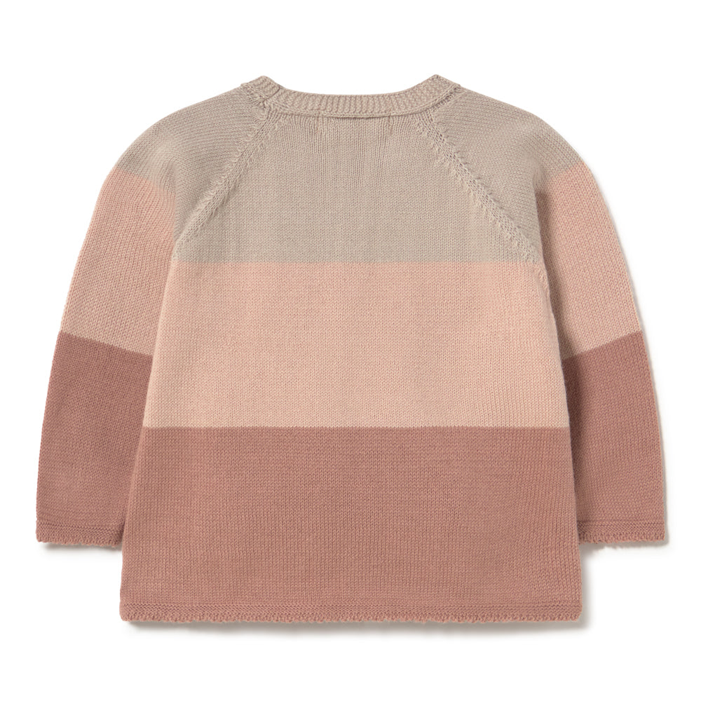 A knit sweater with horizontal color-blocked stripes in beige, light pink, and dusty rose, shown from the back on a white background.