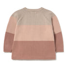 A knit sweater with horizontal color-blocked stripes in beige, light pink, and dusty rose, shown from the back on a white background.