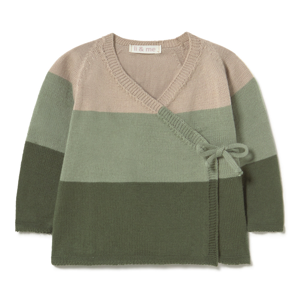 A color-block knit wrap cardigan with a tie closure, featuring horizontal stripes in beige, sage green, and olive green, laid flat on a white background.