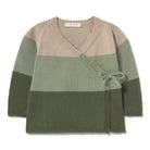 A color-block knit wrap cardigan with a tie closure, featuring horizontal stripes in beige, sage green, and olive green, laid flat on a white background.